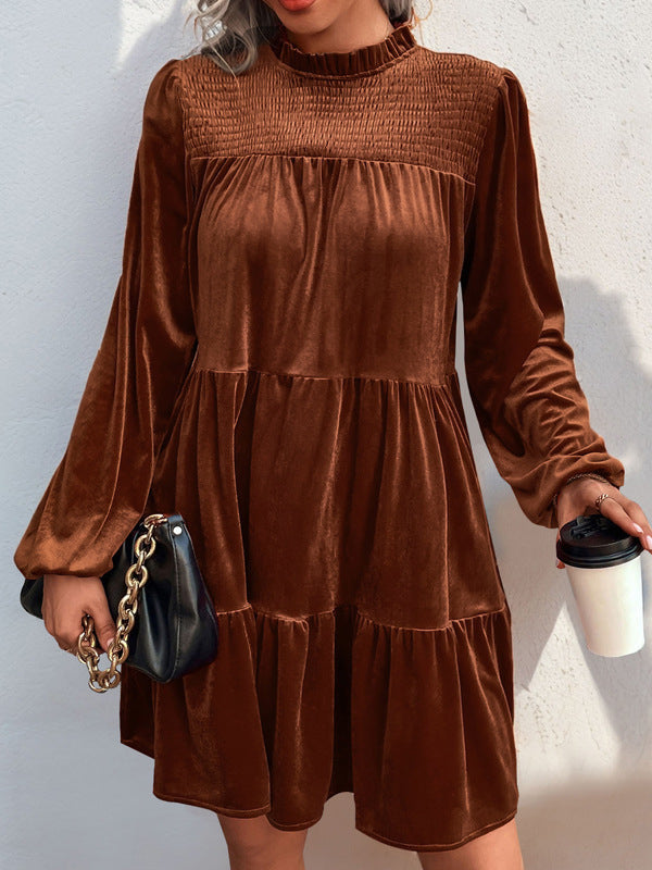 A-Line Long Sleeves Pleated Solid Color Split-Joint Velvet Mock Neck Mini Dresses
