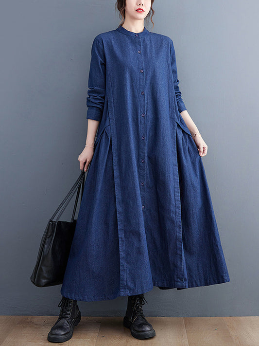 Loose Pleated Stand Collar Denim Midi Dress
