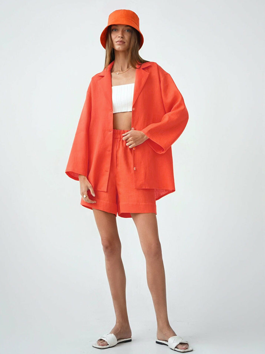 Cotton shorts suit women's lapel loose single-breasted Shirt high waist straight pants two-piece set