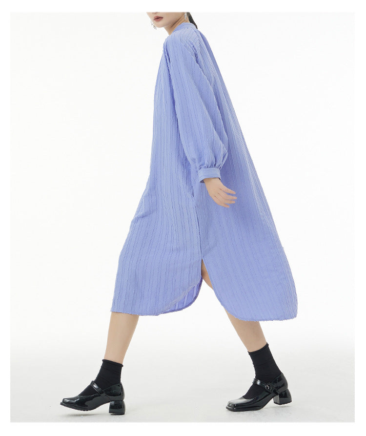 Asymmetric Striped Stand Collar Long Sleeve Midi Dress