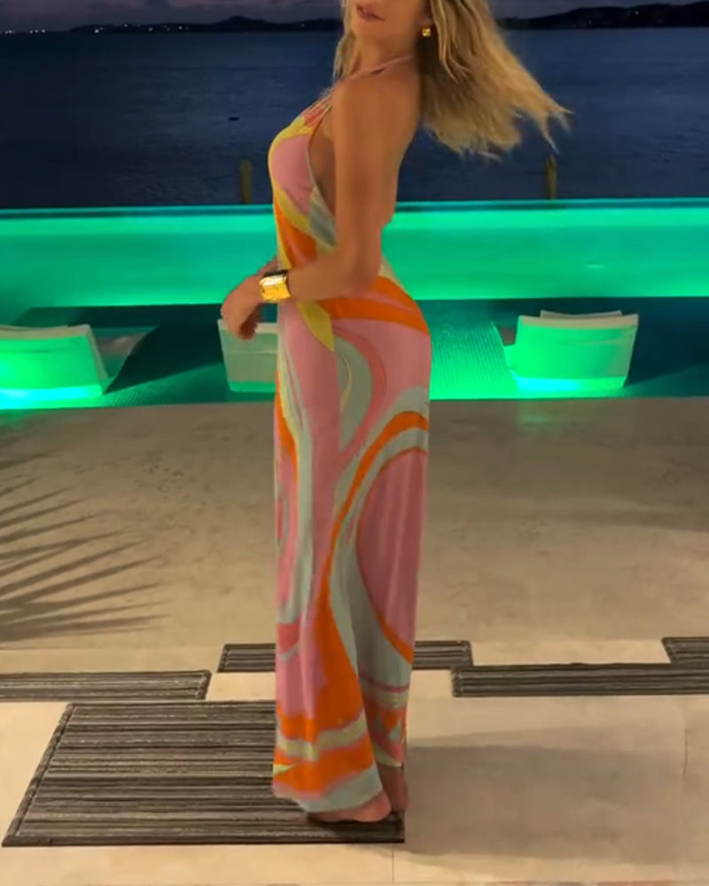 Fashion Color Printing Halter Dress