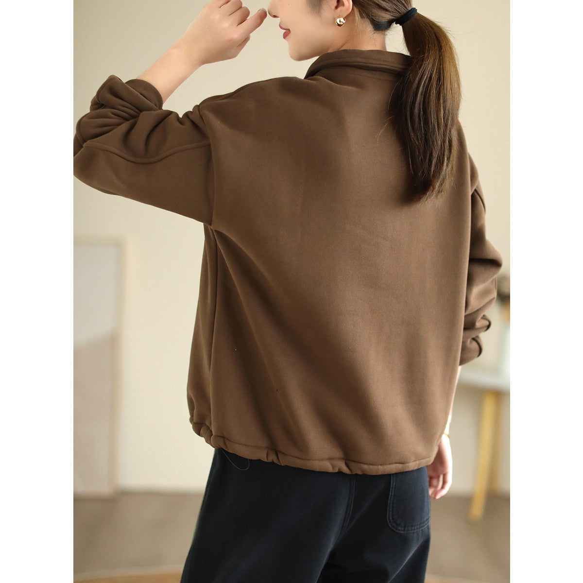 Literary Solid Color Cotton Long Sleeve Sweatshirt