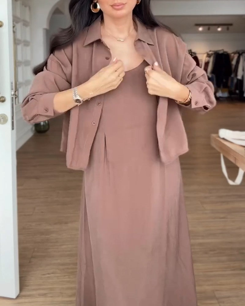 Casual Sling Dress & Shirt Two-Piece Set