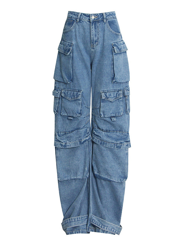 Loose Pleated Pockets Split-Joint Streamer Jean Pants Bottoms