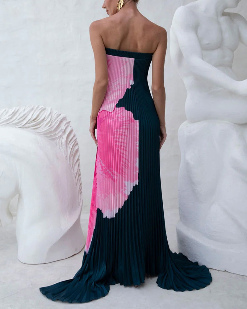 Elegant Strapless Pleated Flower Dress