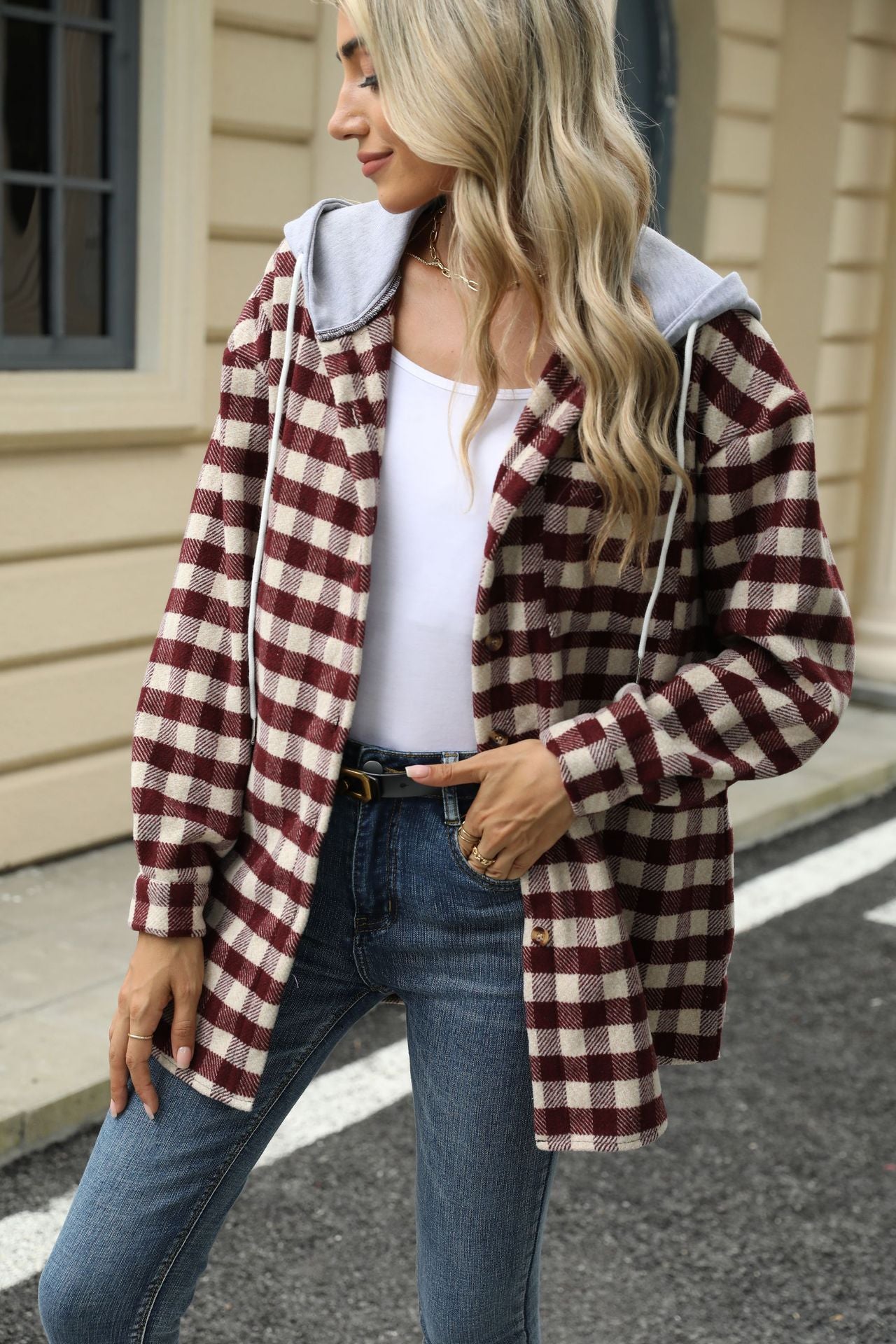 Autumn and Winter new women's hooded Plaid stitching top single-breasted woolen coat