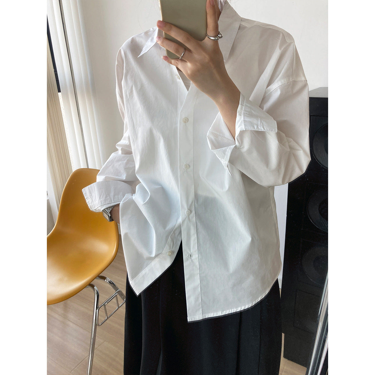 Simple Loose Solid Color Long Sleeve Shirt