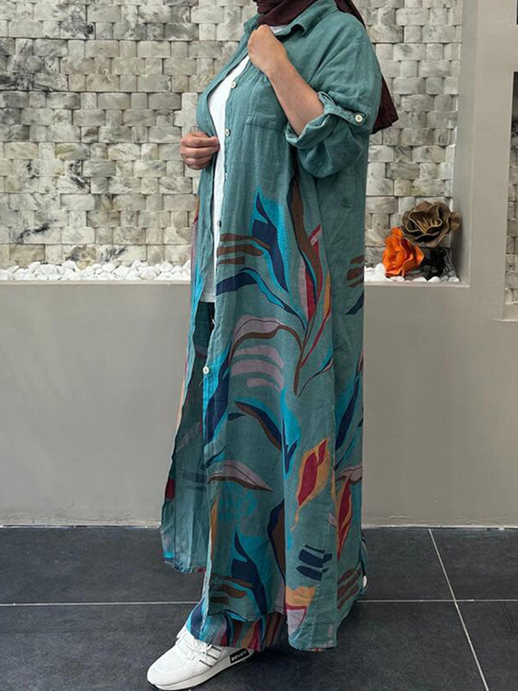 Casual Floral Printing  Long Cardigan Wide-leg Trouser Suit