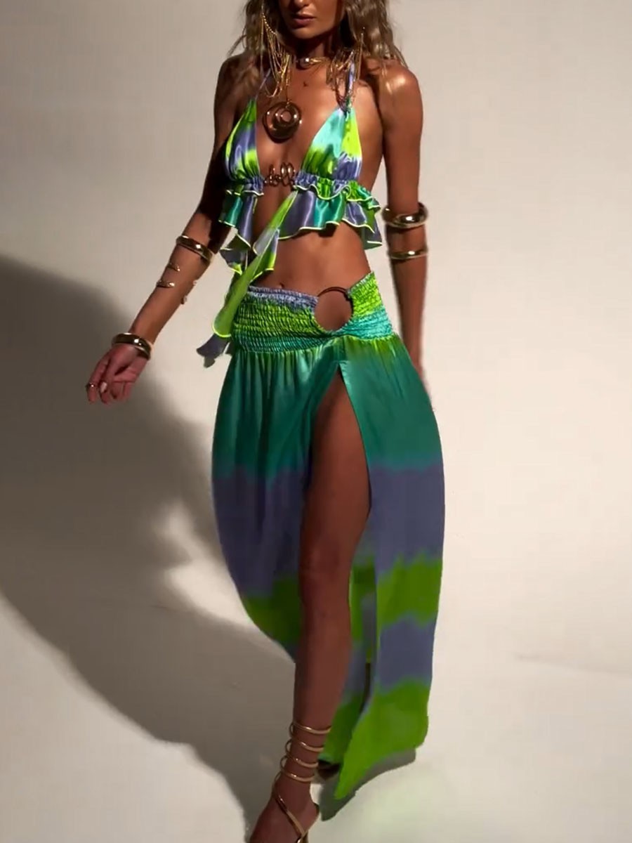 Vacation gradient print sexy three-piece set