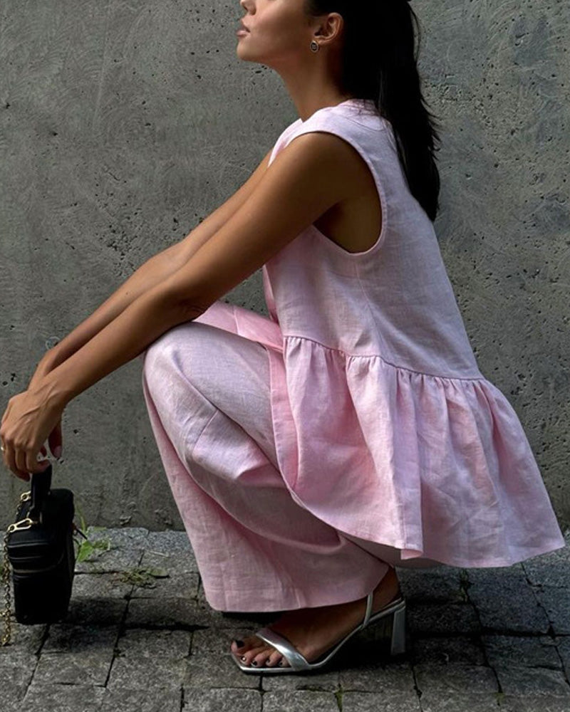 Solid Color V-neck Vest & Pants Two-piece Set