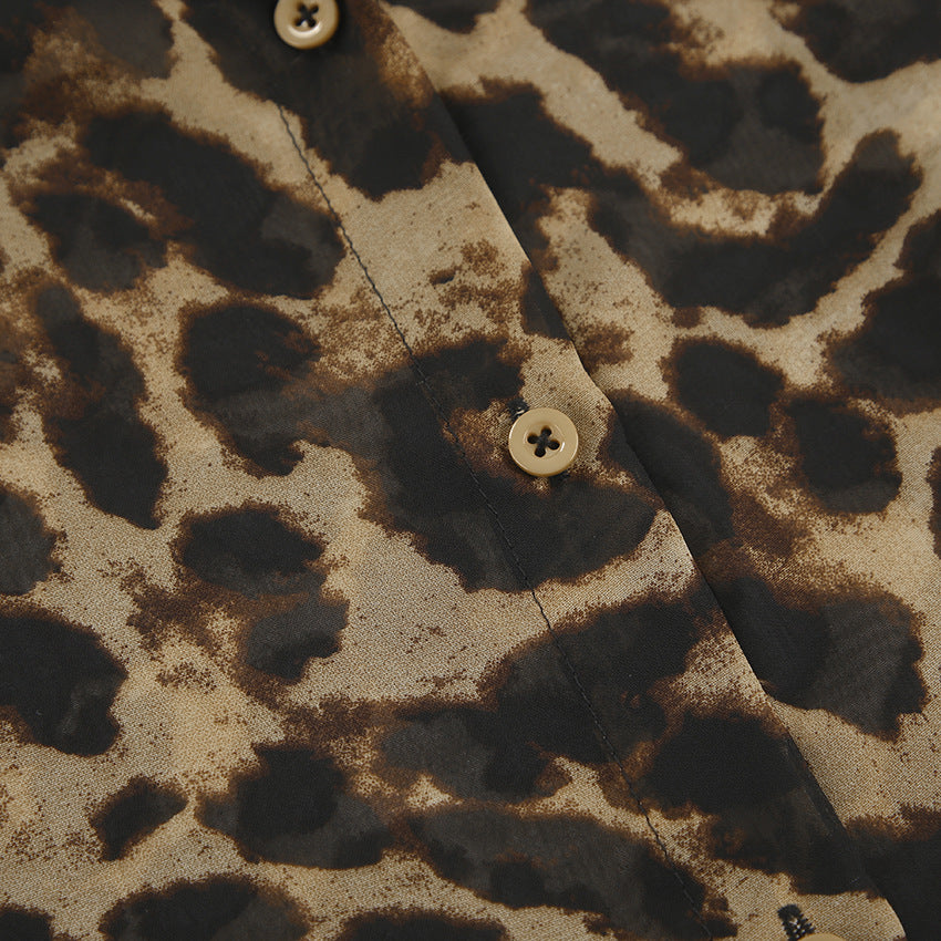 Fashion Leopard Print Long Sleeve Shirt & Shorts Two-Piece Set