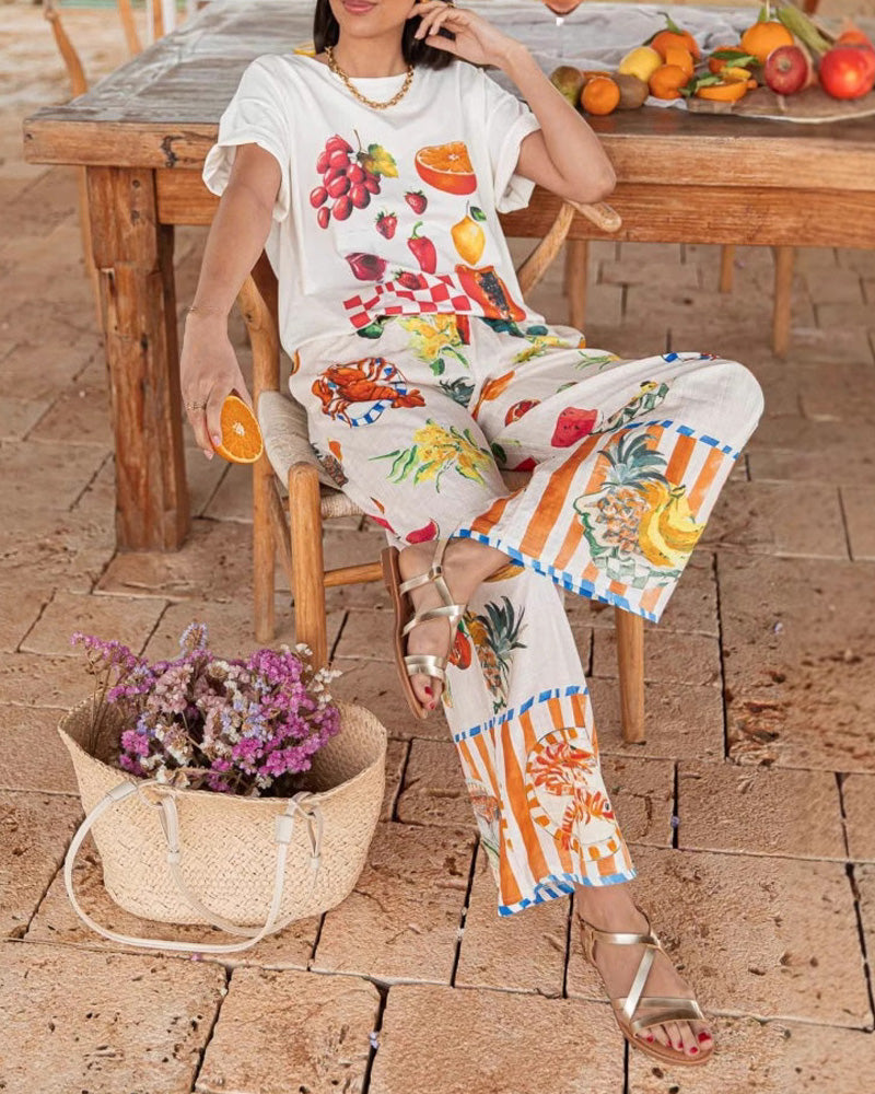 Vacation Graffiti Print T-Shirt Straight Leg Pants Suit