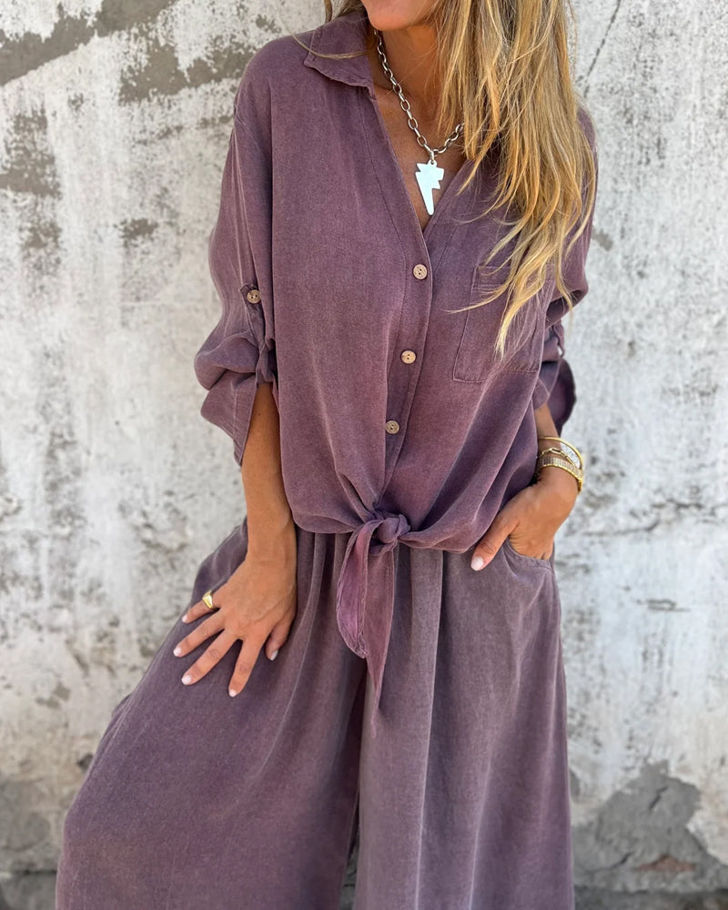 Casual Solid Shirt & Wide Leg Two-Piece Set