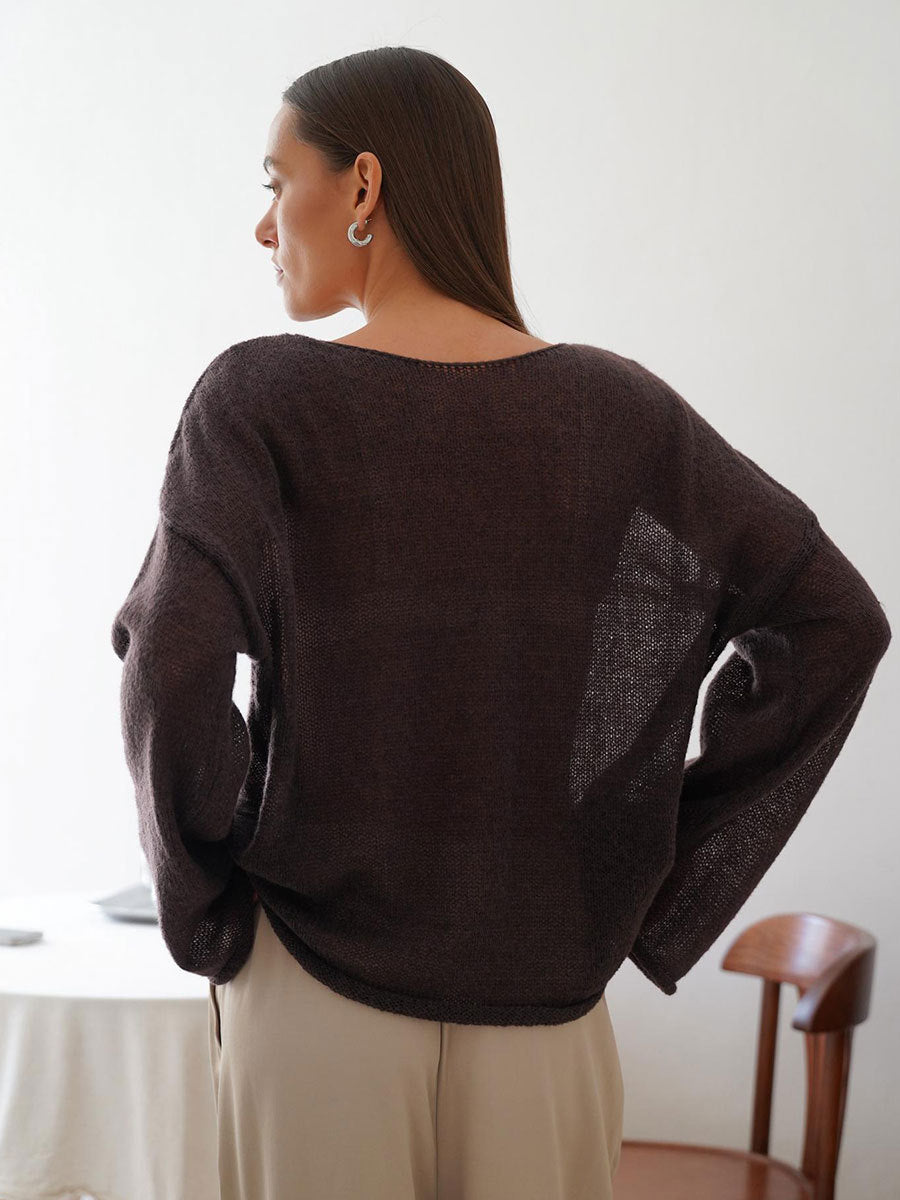 Hollow sweater spring and summer women's see-through thin scoop bell sleeve knitted T-shirt