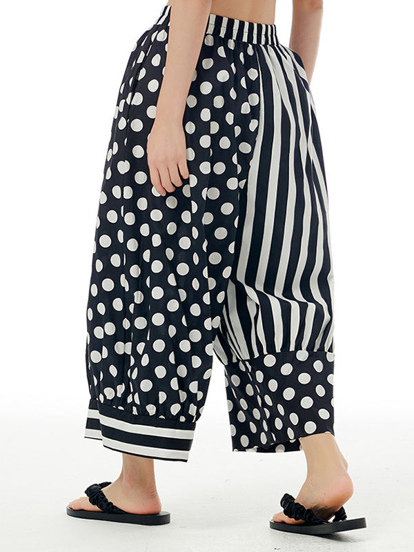 Loose Wide Leg Contrast Color Elasticity Polka-Dot Split-Joint Striped Cropped Trousers Pants