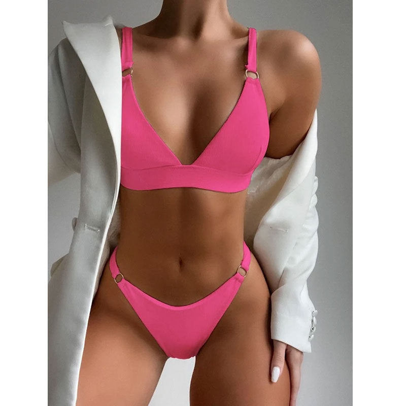 Solid Color Split High Waist Bikini Swimsuit