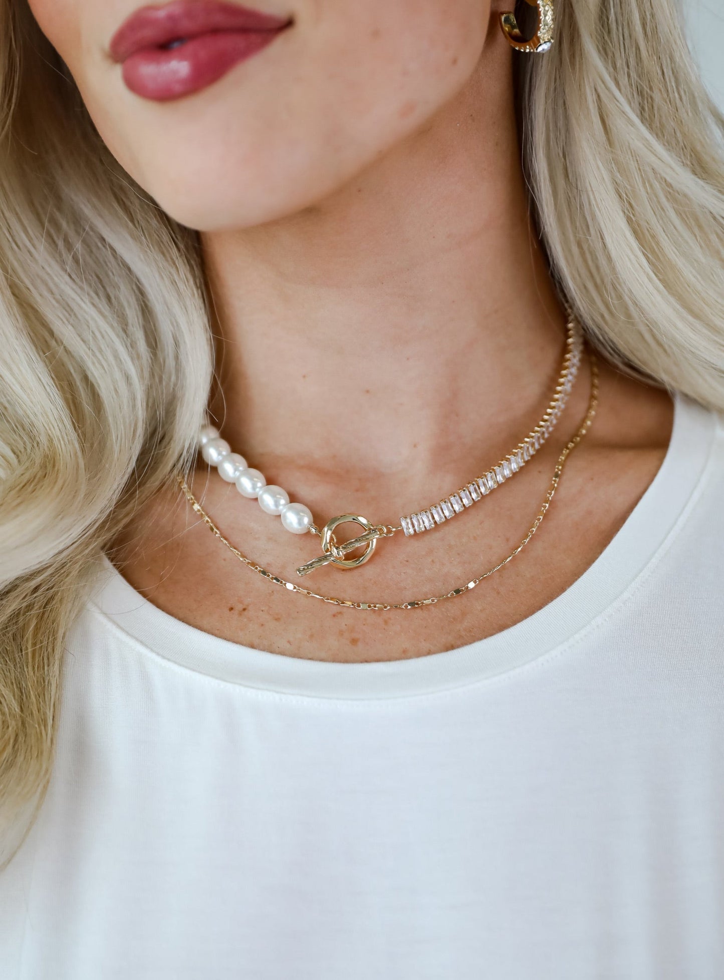 Stella Gold Rhinestone Pearl Layered Necklace
