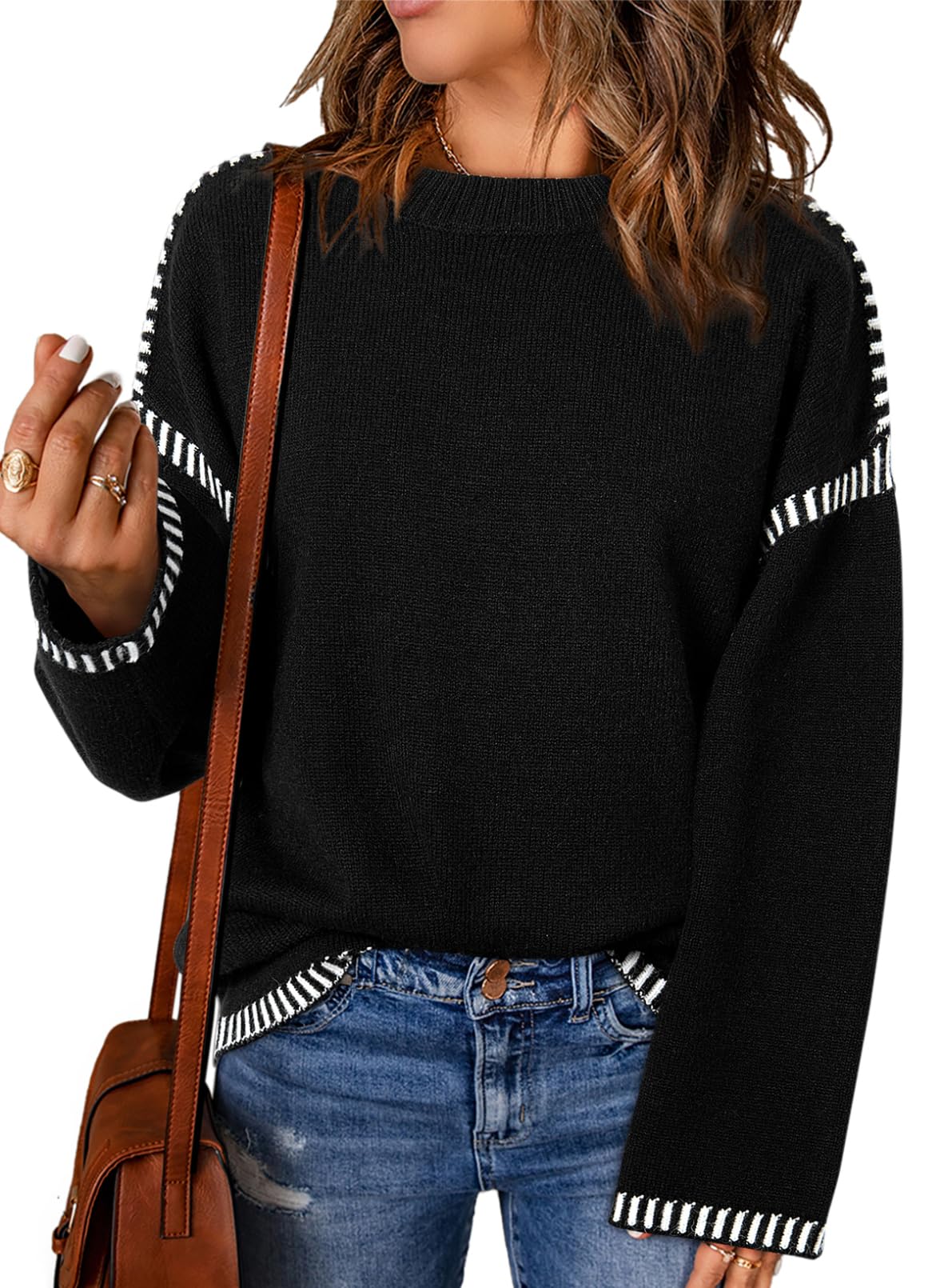 Crewneck Contrast Cable Knit Pullover Sweater (Buy 2 Free Shipping)