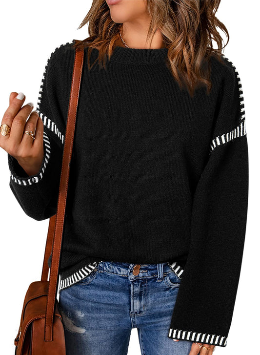 Crewneck Contrast Cable Knit Pullover Sweater (Buy 2 Free Shipping)