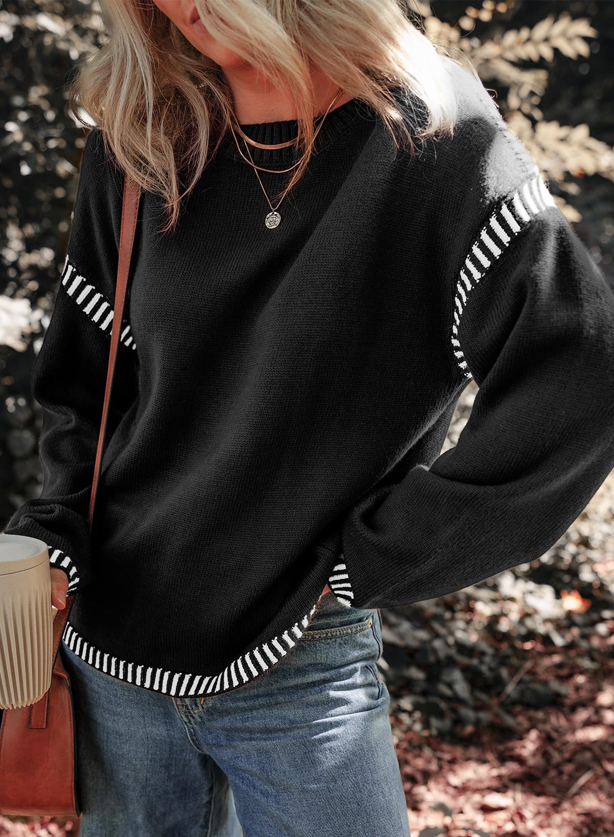 Crewneck Contrast Cable Knit Pullover Sweater (Buy 2 Free Shipping)