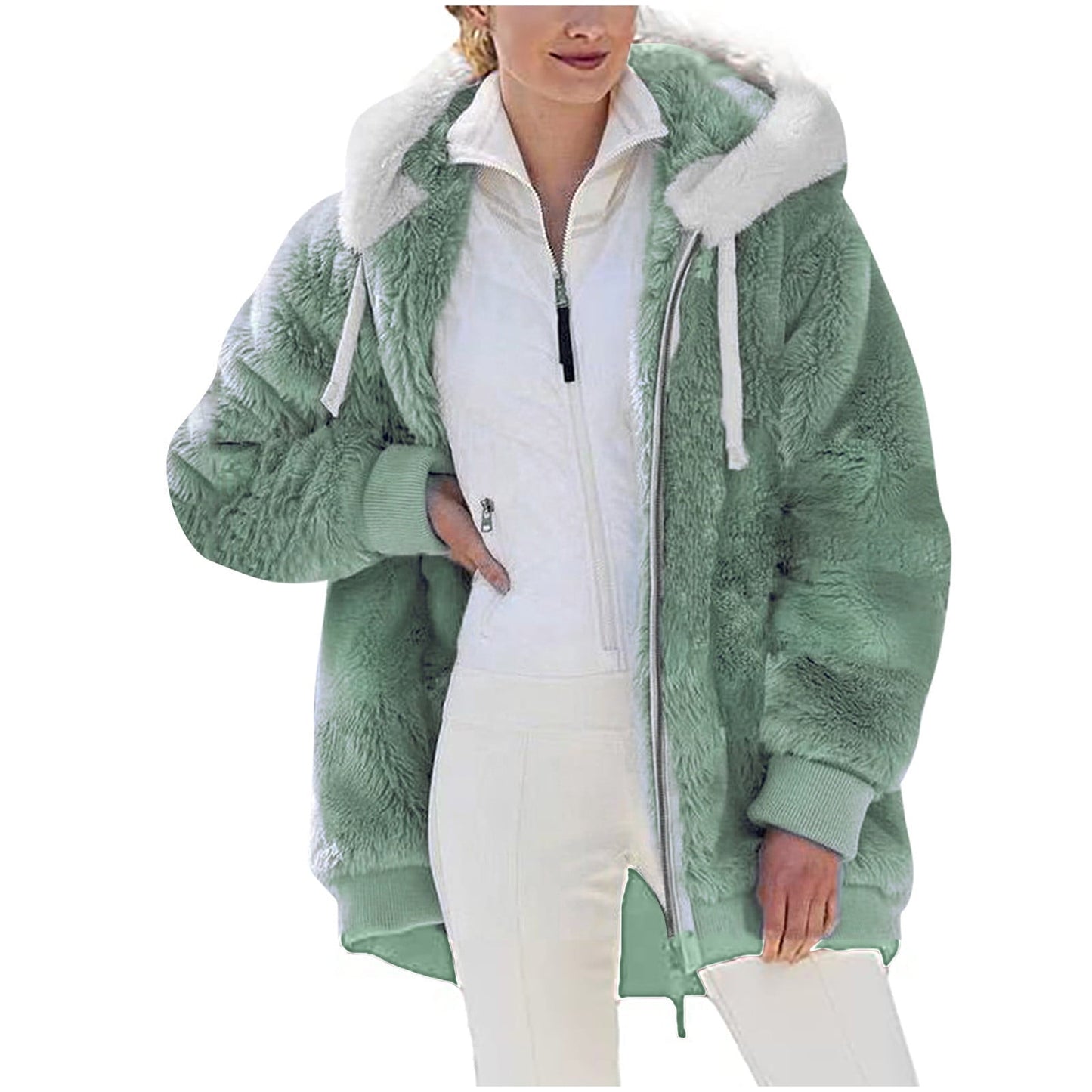 Sawvnm Winter Long Coats for Women Plus Size Winter Warm Loose Plush Zip Hooded Jacket Coat Gifts Christmas Gift