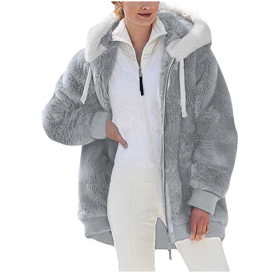 Sawvnm Winter Long Coats for Women Plus Size Winter Warm Loose Plush Zip Hooded Jacket Coat Gifts Christmas Gift