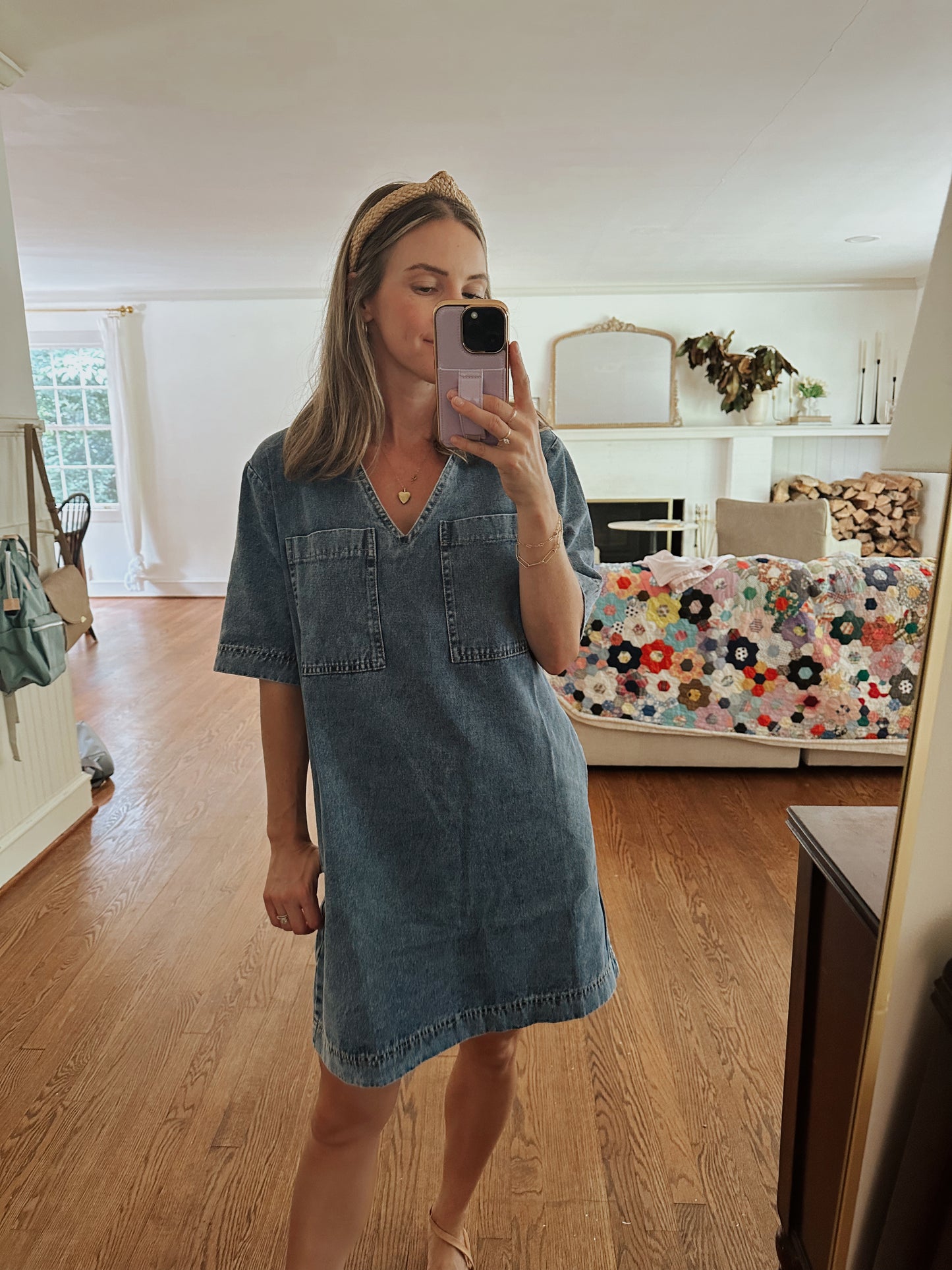 Loose Fit Deep V Lapel Half Sleeve Straight Denim Dress With Pockets (Buy 2 Free Shipping)