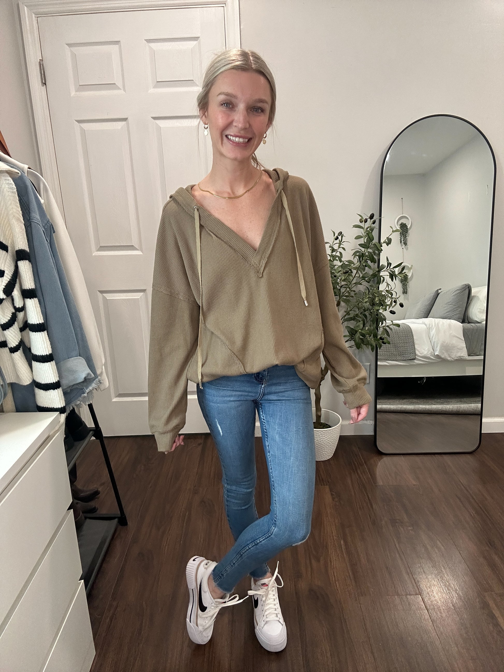 Oversized V-neck Drawstring Waffle Knit Top【Buy Two Free Shipping】