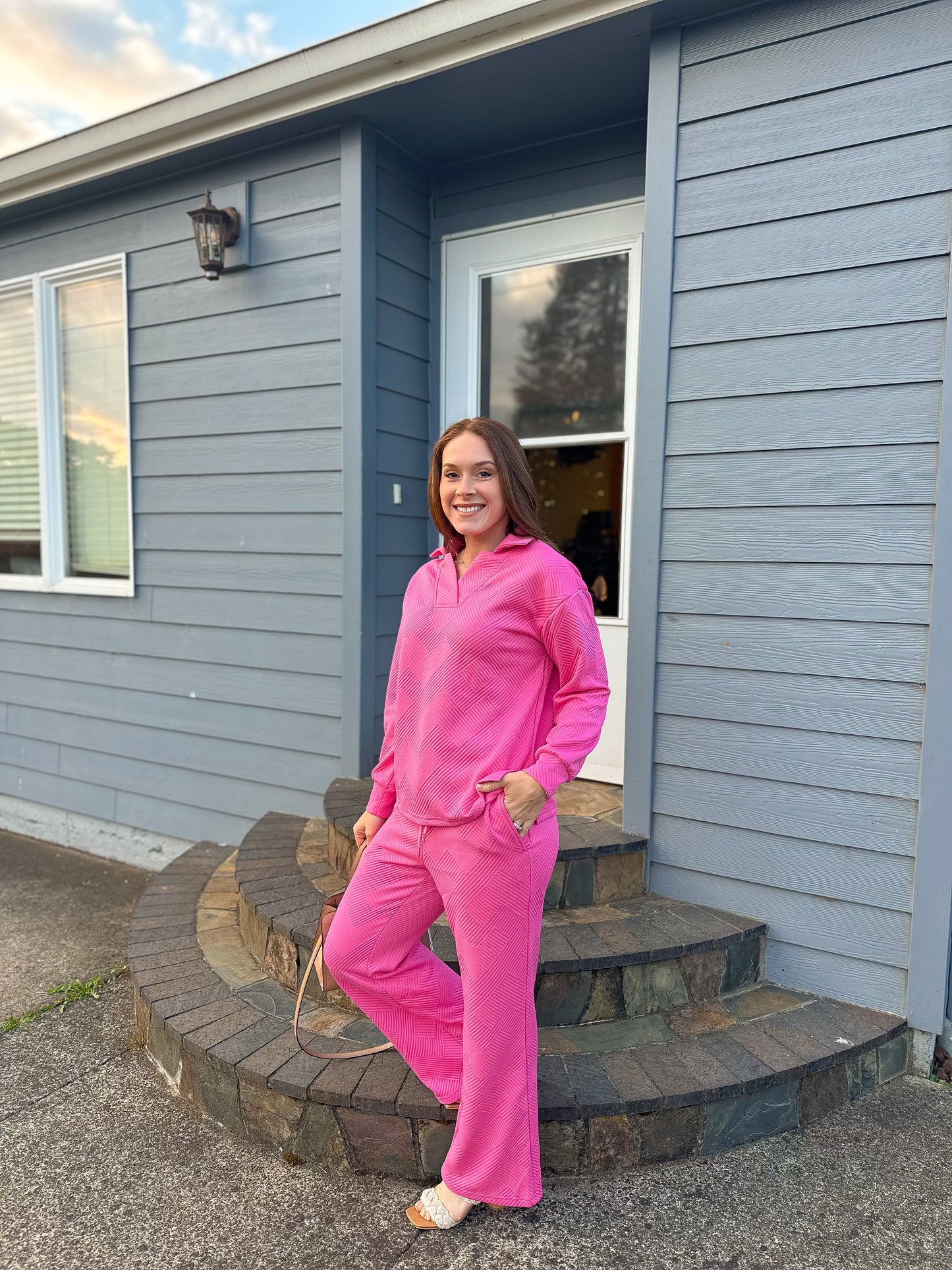 2024 Textured Lapel V-Neck Pullover and Drawstring Wide-Leg Pants Set (Buy 2 Free Shipping)