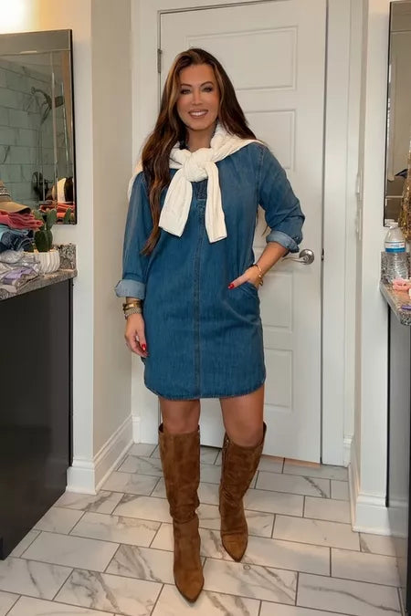 V-Neck Oversized Denim Dress With Side Pockets (Buy 2 Free Shipping)