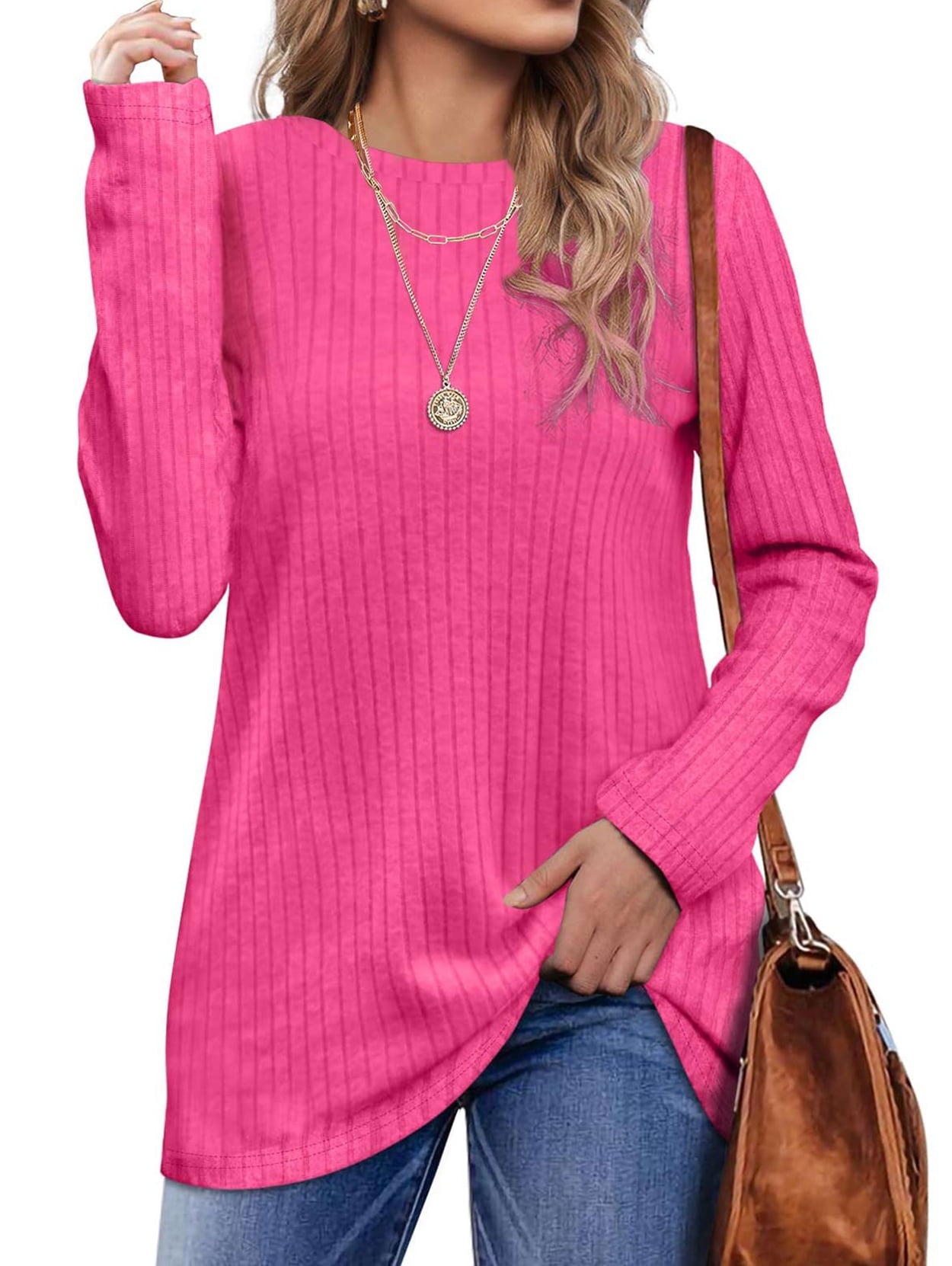 Fantaslook Long Sleeve Shirts for Women Crew Neck Casual Tunic Tops Lightweight Pullover