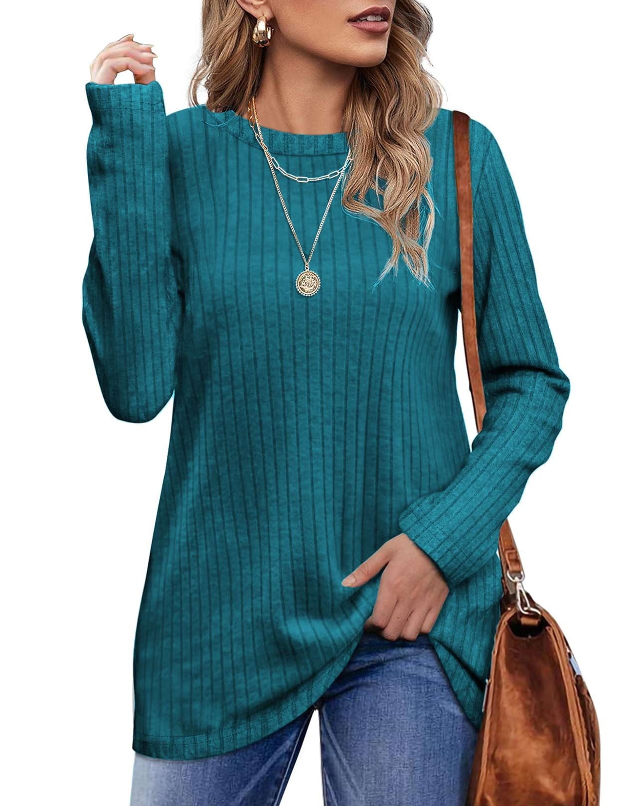 Fantaslook Long Sleeve Shirts for Women Crew Neck Casual Tunic Tops Lightweight Pullover