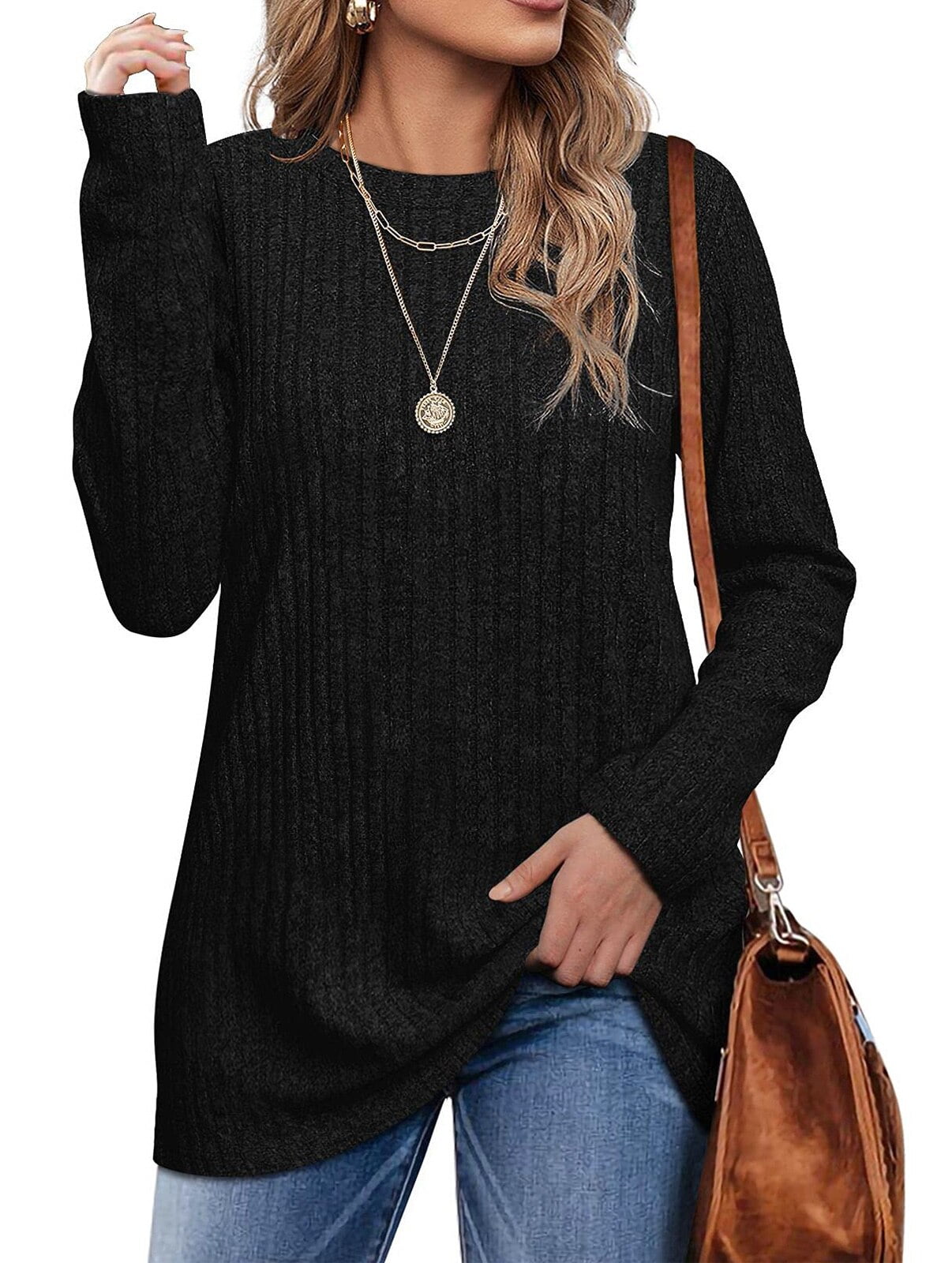 Fantaslook Long Sleeve Shirts for Women Crew Neck Casual Tunic Tops Lightweight Pullover