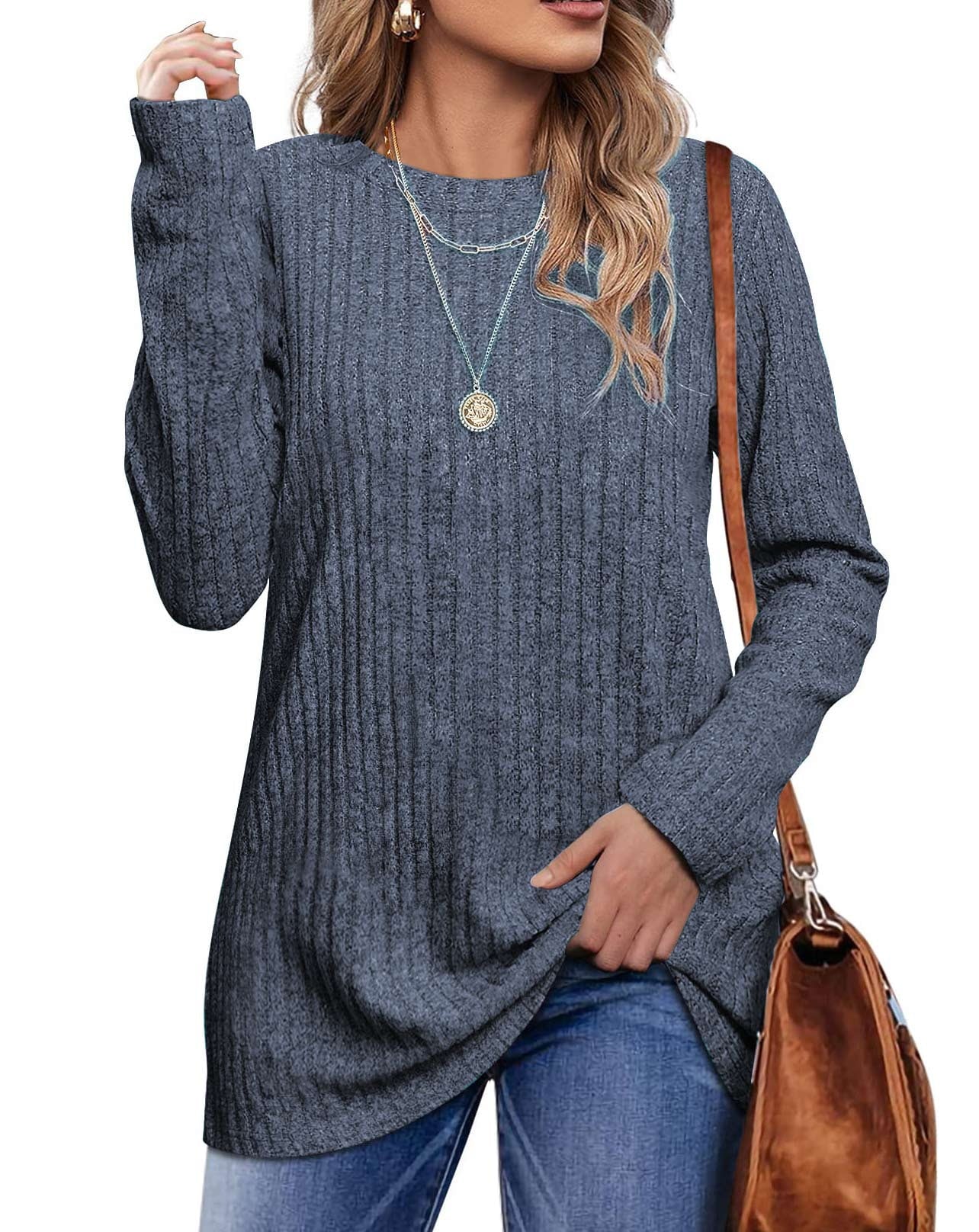 Fantaslook Long Sleeve Shirts for Women Crew Neck Casual Tunic Tops Lightweight Pullover