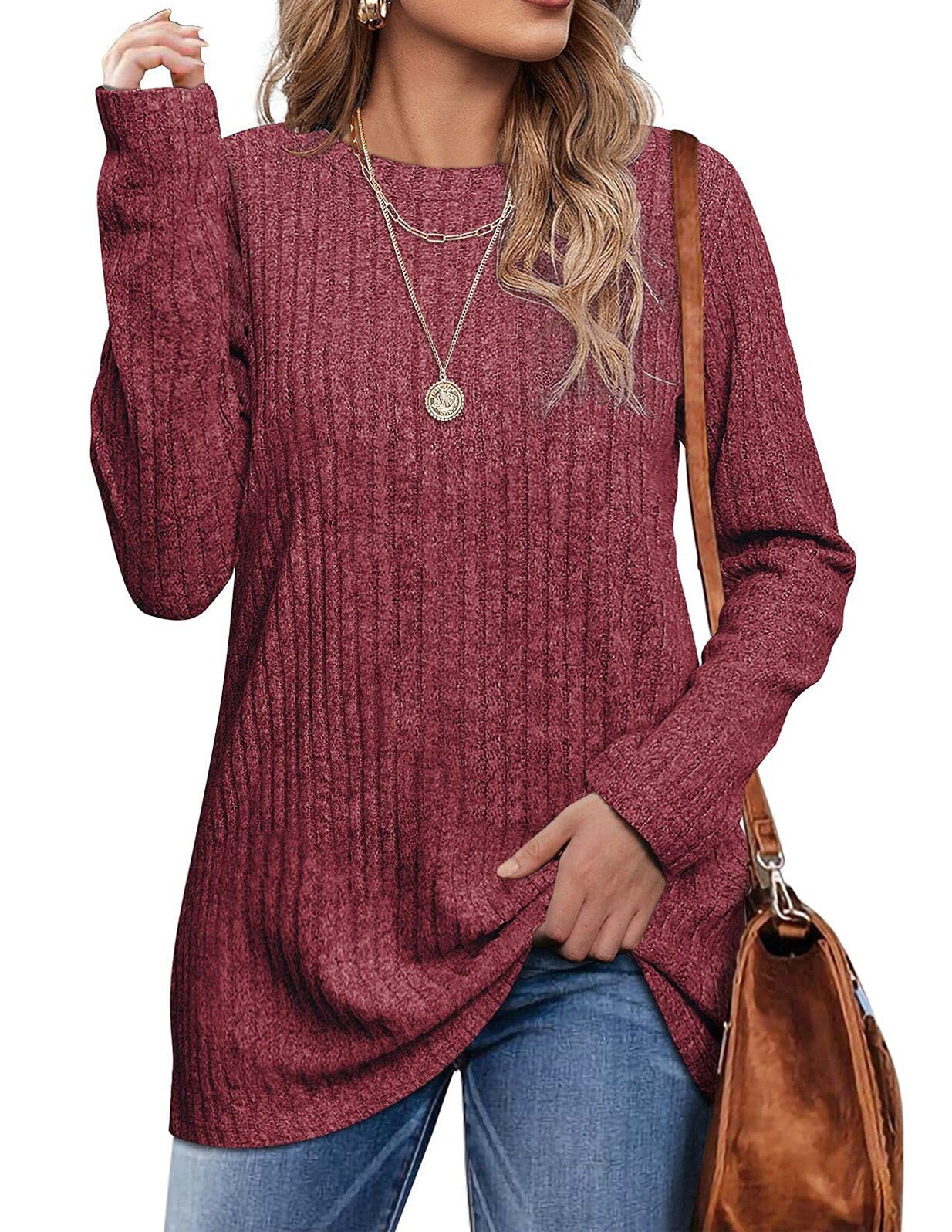 Fantaslook Long Sleeve Shirts for Women Crew Neck Casual Tunic Tops Lightweight Pullover