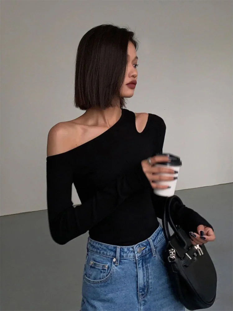 Fashion Skew Collar Off-shoulder Long-sleeved T-shirts Women Spring 2023 New Solid Slim Fit Crop Top Sexy Hollow Out Tees Shirts