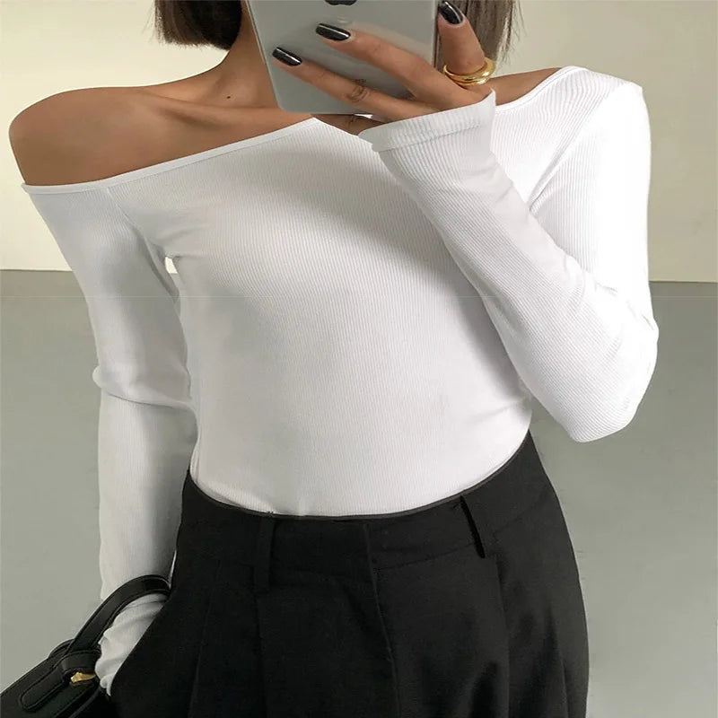 Fashion Skew Collar Off-shoulder Long-sleeved T-shirts Women Spring 2023 New Solid Slim Fit Crop Top Sexy Hollow Out Tees Shirts