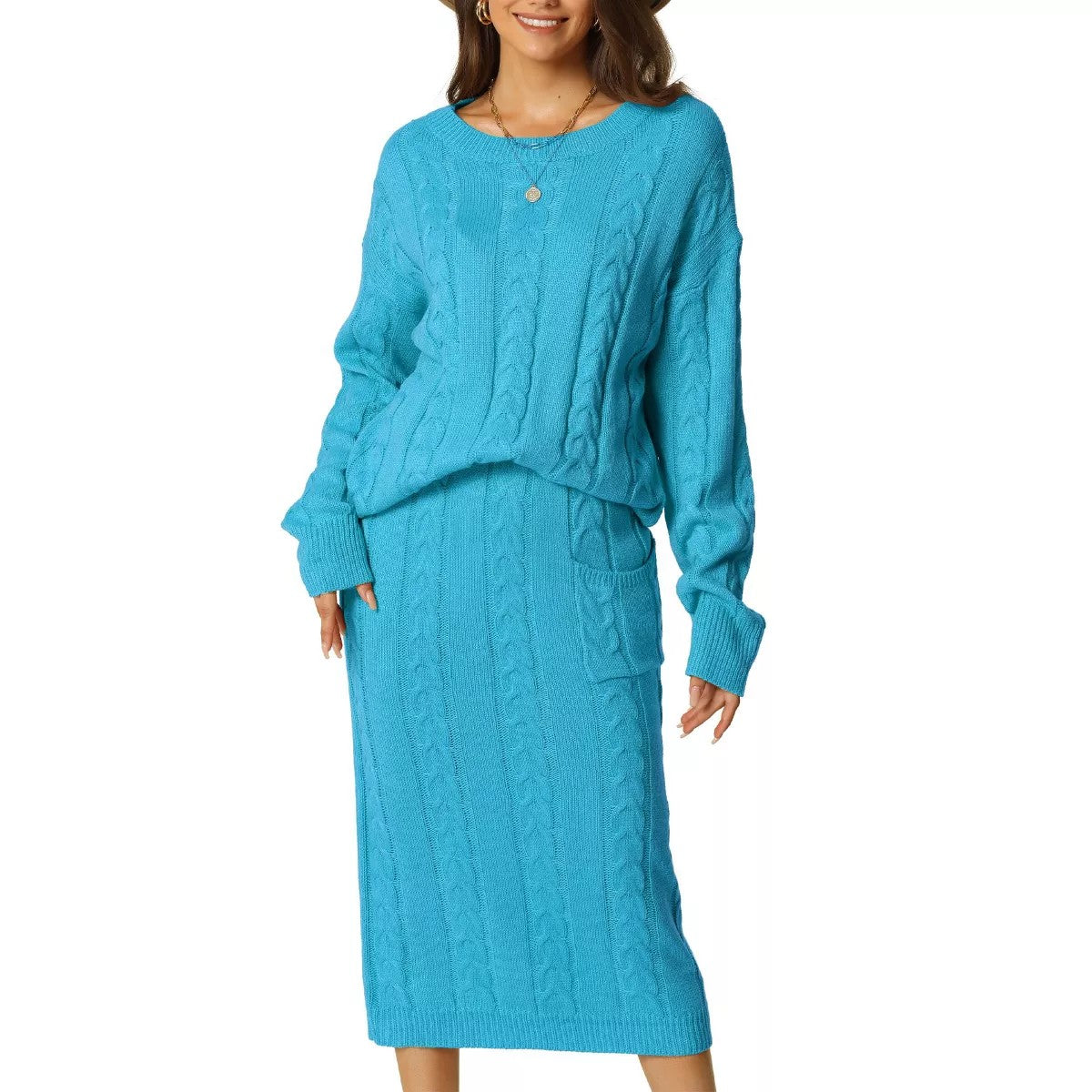 Women's Midi Skirt with Pockets Crew Neck Sweater Two-Piece Set