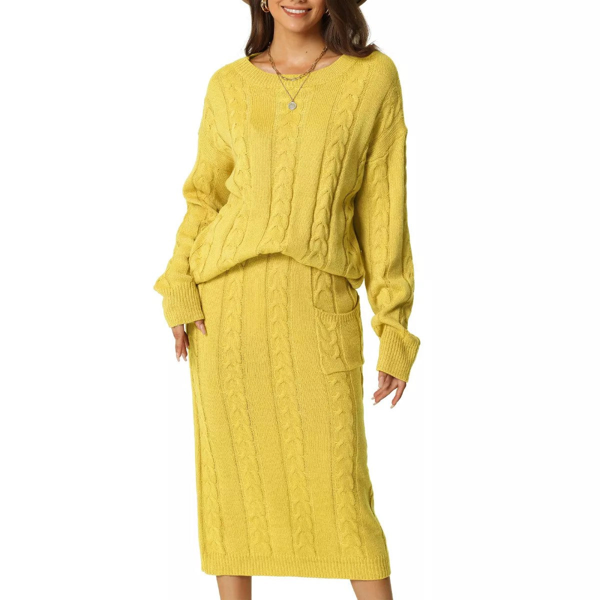 Women's Midi Skirt with Pockets Crew Neck Sweater Two-Piece Set