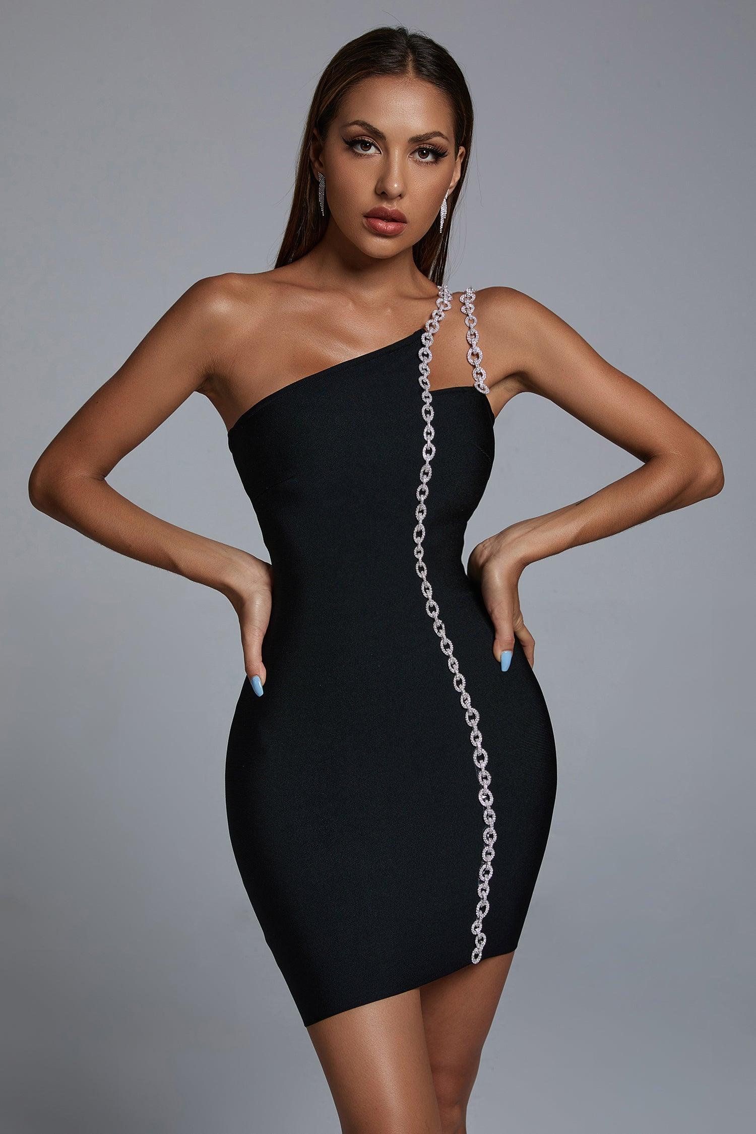 Mimia One Shoulder Chain Mini Cocktail Dress - Bellabarnett