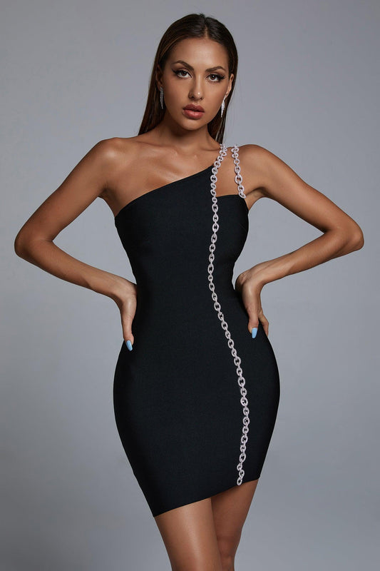 Mimia One Shoulder Chain Mini Cocktail Dress - Bellabarnett