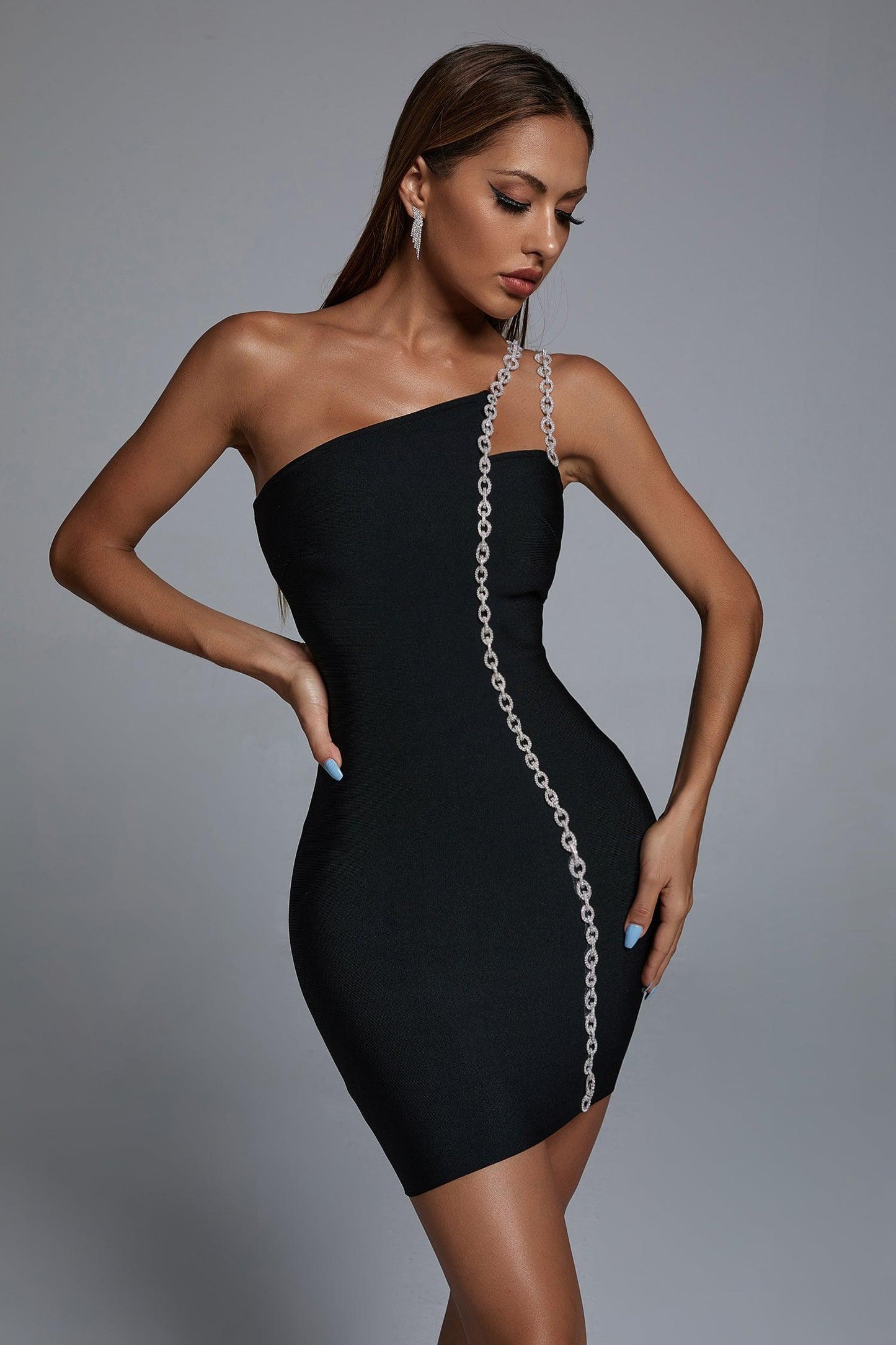 Mimia One Shoulder Chain Mini Cocktail Dress - Bellabarnett