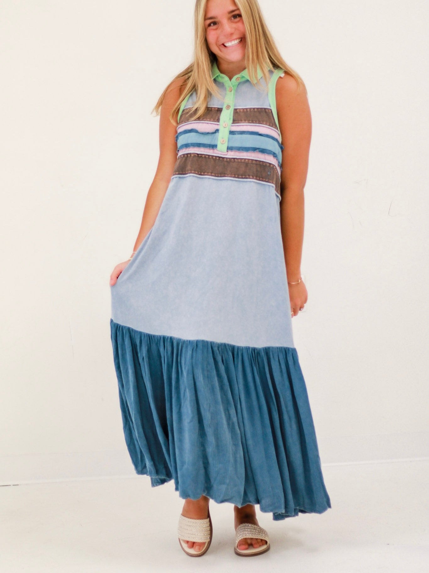 ✨PinkLaura 2025 Washed Contrast Lapel Button Sleeveless Maxi Dress (Buy 2 Free Shipping)