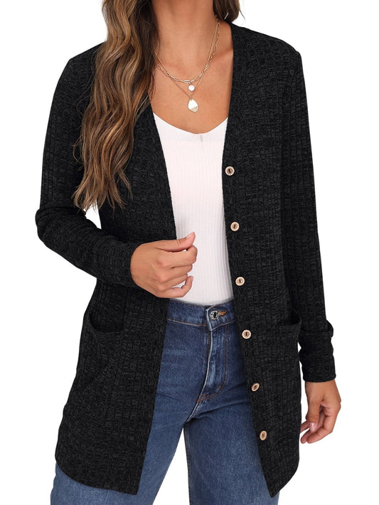 Open Front Black Cardigan for Women Button Down Long Sleeve Outerwear with Pocket