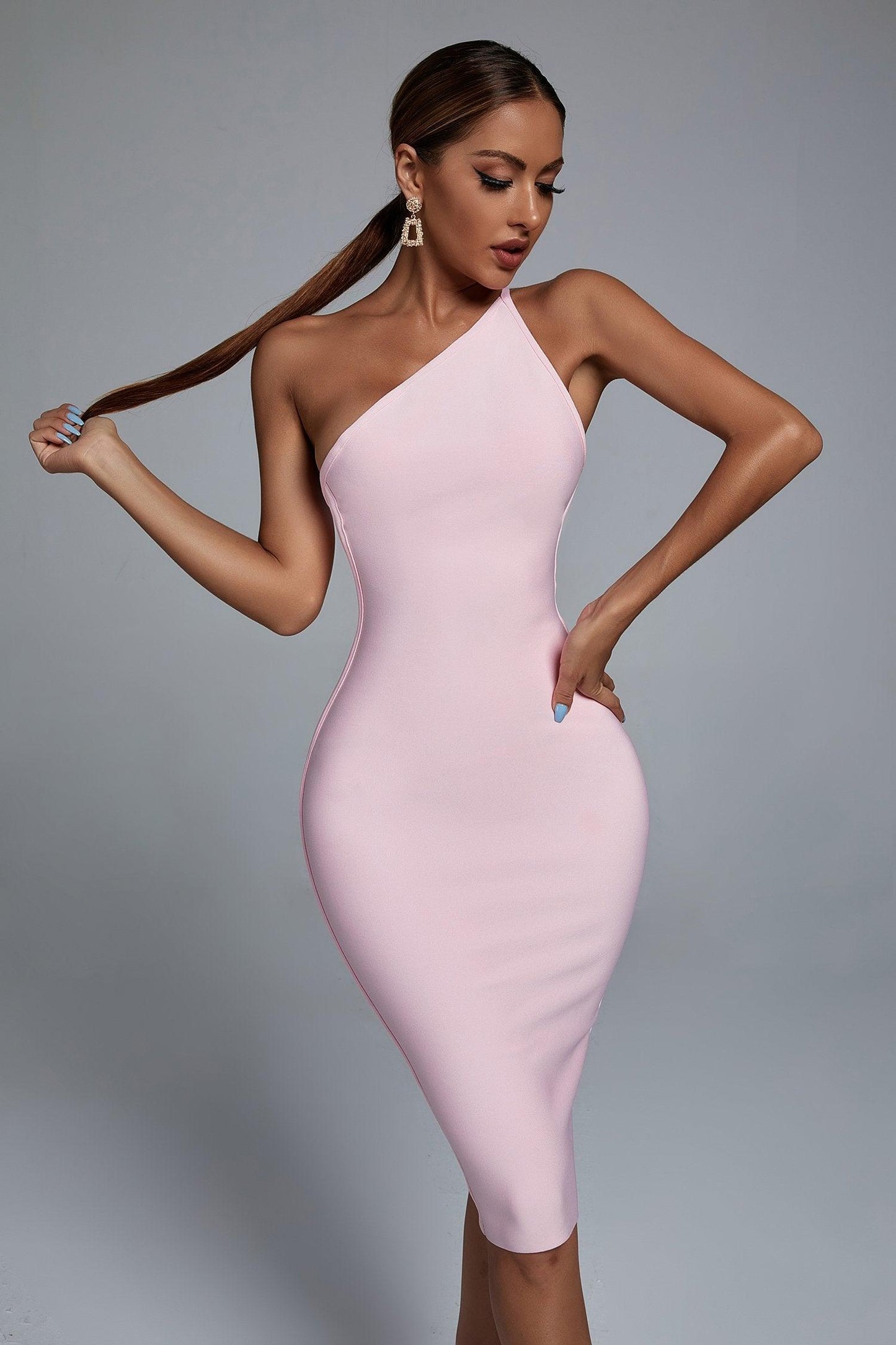 Janan One Shoulder Midi Bandage Dress - Pink - Bellabarnett