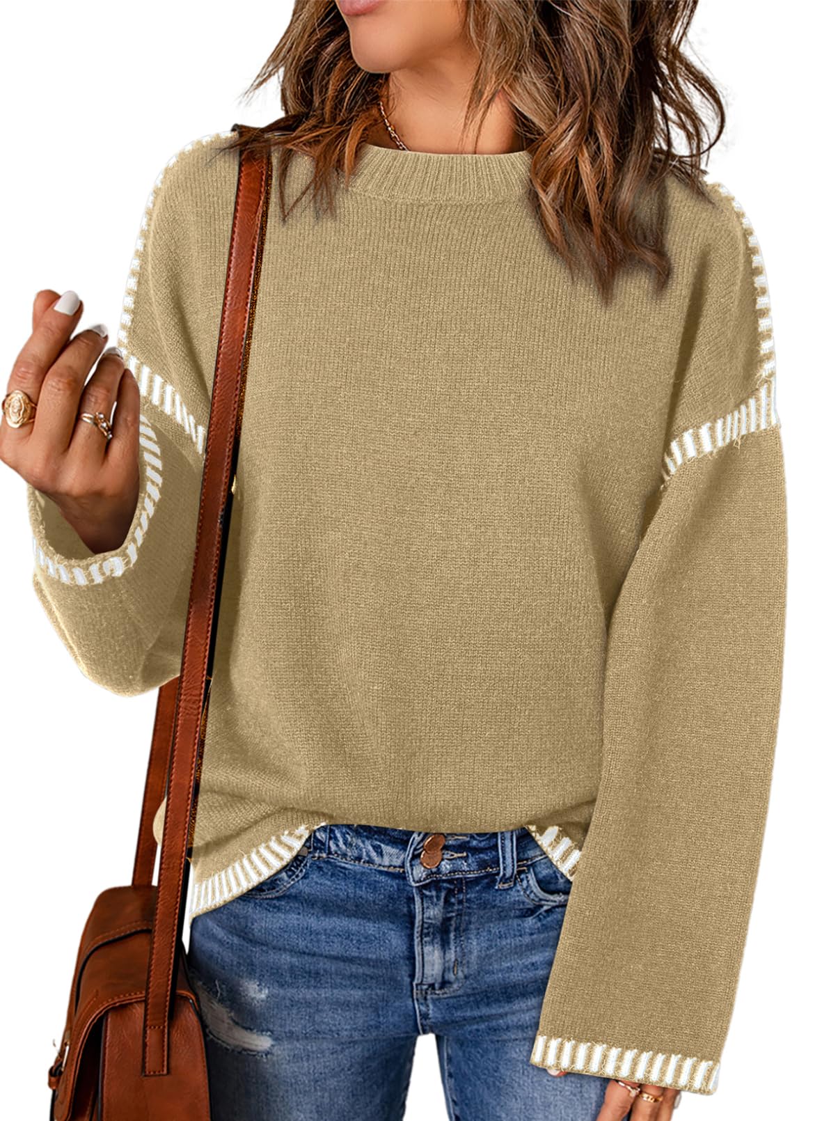 Crewneck Contrast Cable Knit Pullover Sweater (Buy 2 Free Shipping)