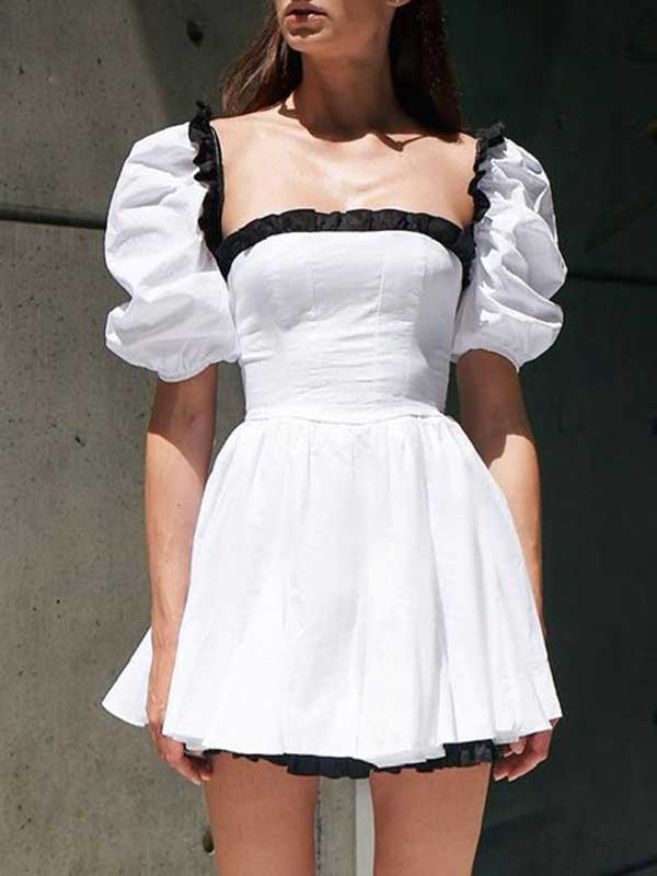 Puff Sleeve Square Neck White Dress