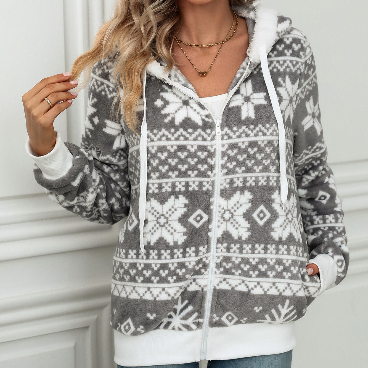 Women's autumn and winter New hooded cardigan Christmas style printed plush coat