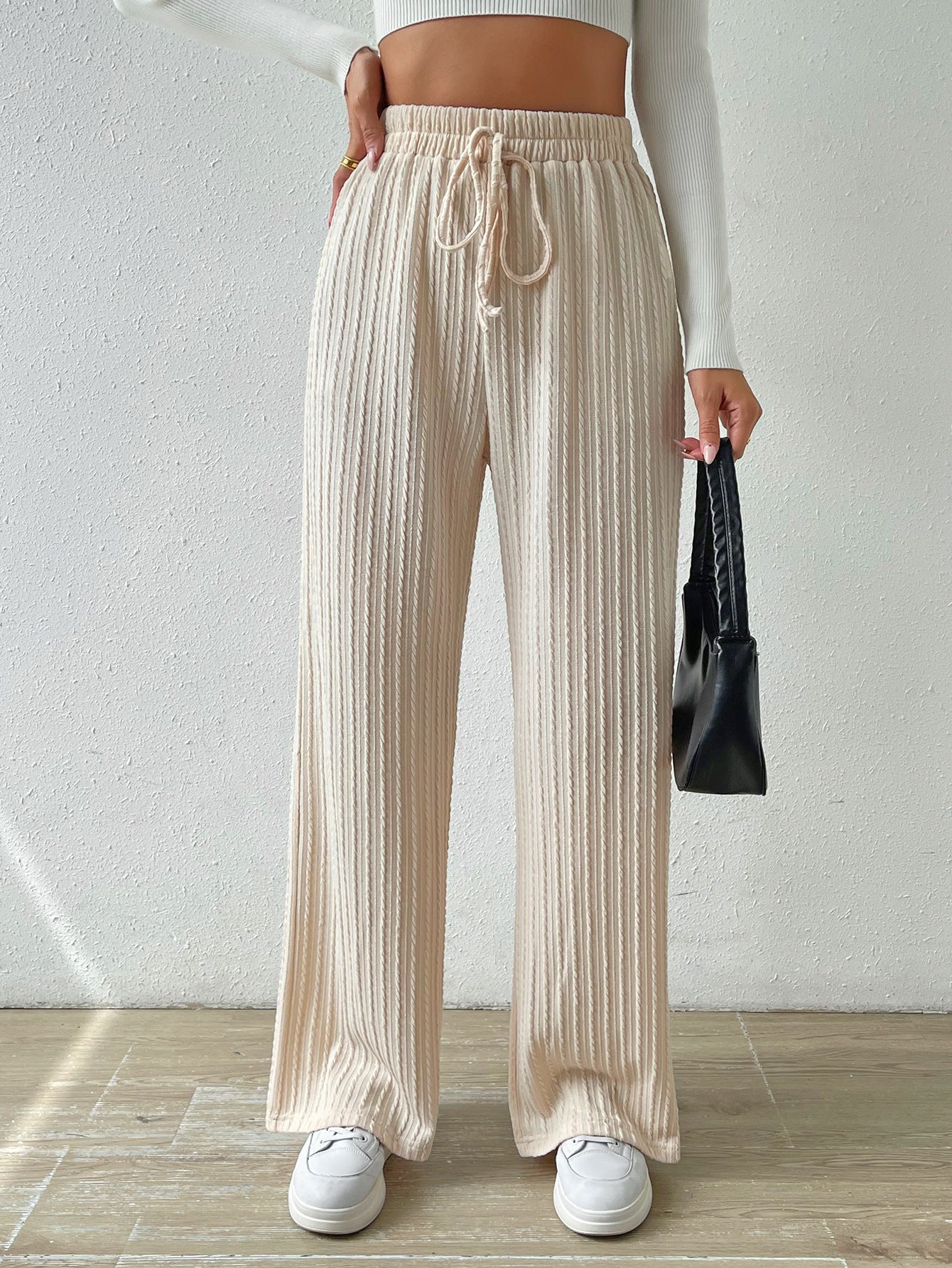 Knot Waist texture knitted wide leg trousers elastic high waist pure color casual baggy straight trousers Women's