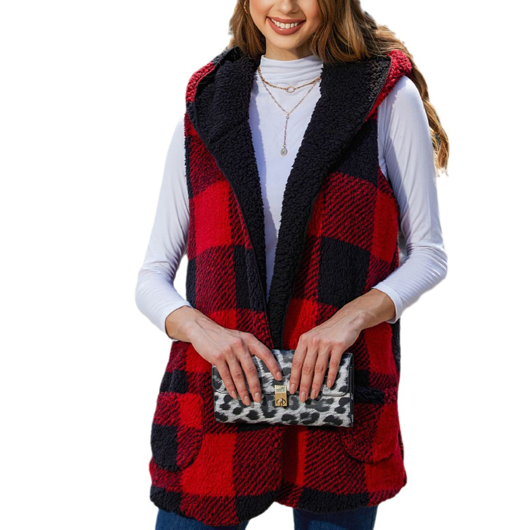 Fall women's clothing loose fashion hooded buckle-free cardigan Plaid plush vest coat for women